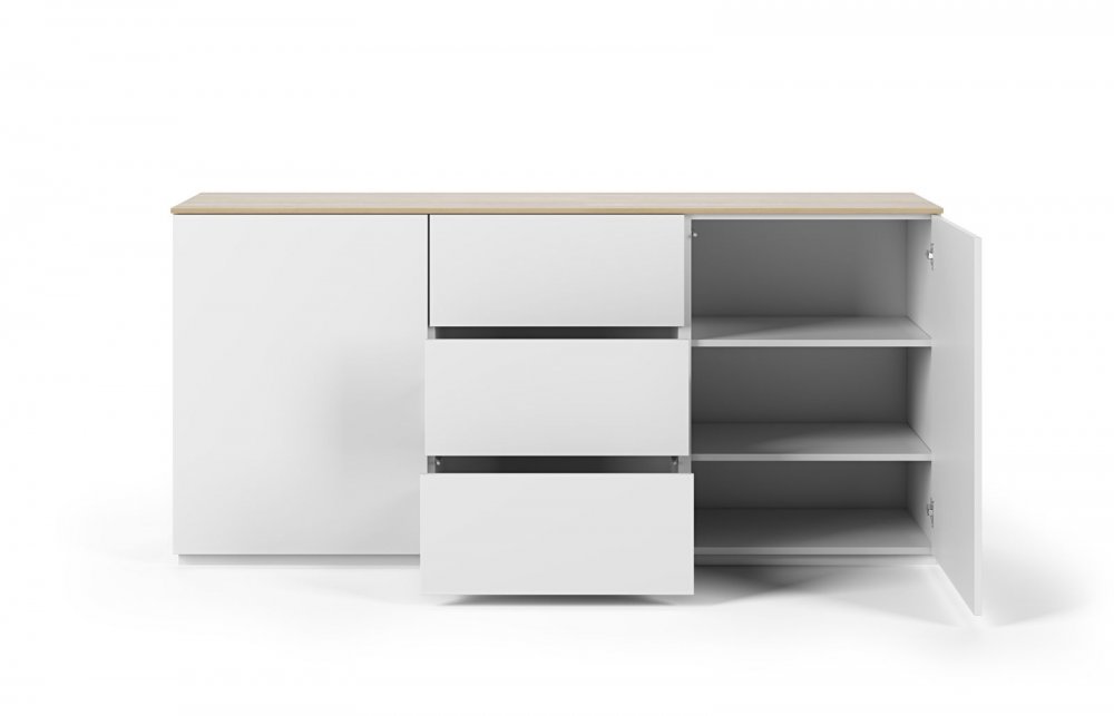 Buffet WHITY 2 blanc mat 180cm 2 portes/3 tiroirs Plateau en bois de chêne clair